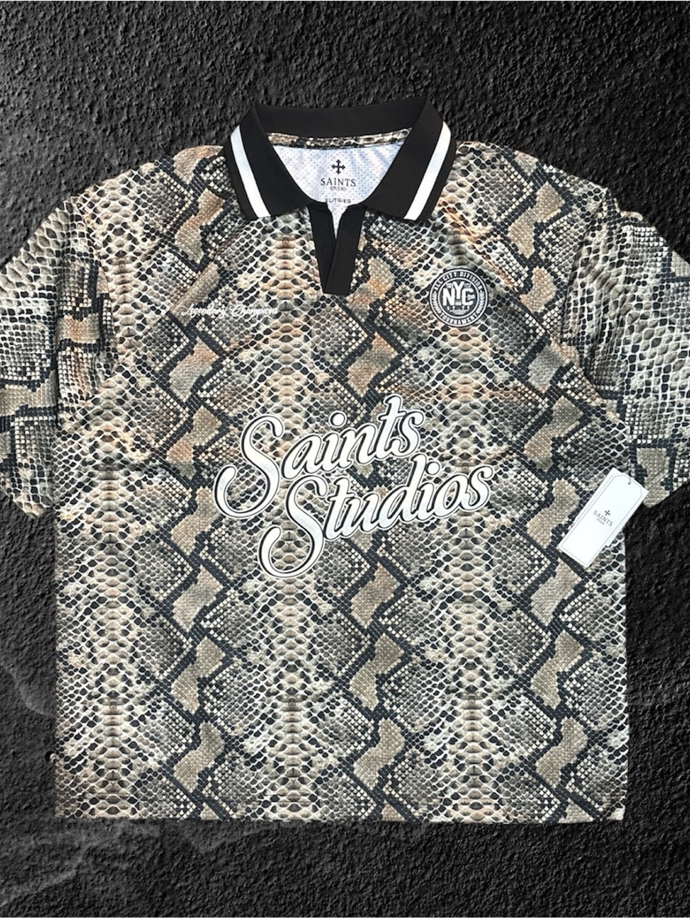 Saints Studio Snakeskin Python Pattern Script Logo Jersey Polo XL